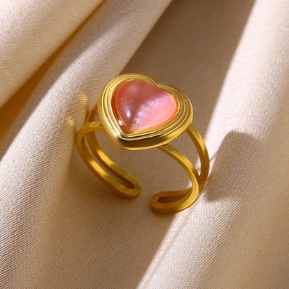 Elegant French Style Sweet Heart Shape 304 Stainless Steel Synthetic Gemstones Open Rings