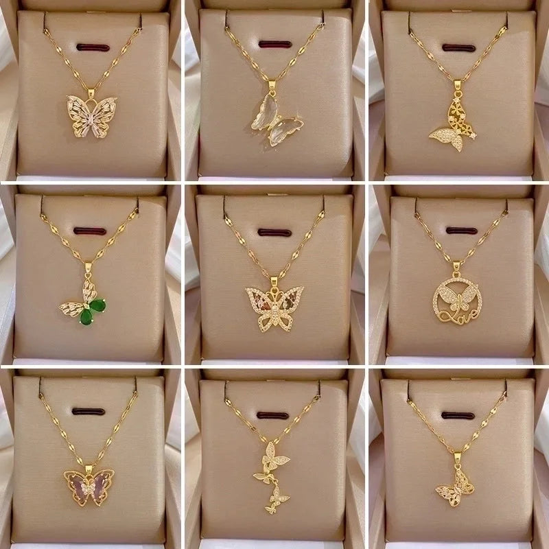 Minimalist Butterfly Titanium Steel Copper Plating Inlay Zircon Pendant Necklace