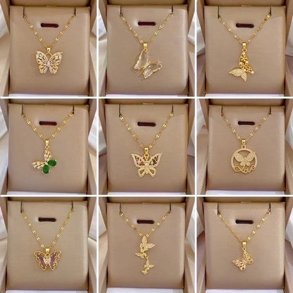 Minimalist Butterfly Titanium Steel Copper Plating Inlay Zircon Pendant Necklace