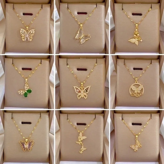 Minimalist Butterfly Titanium Steel Copper Plating Inlay Zircon Pendant Necklace