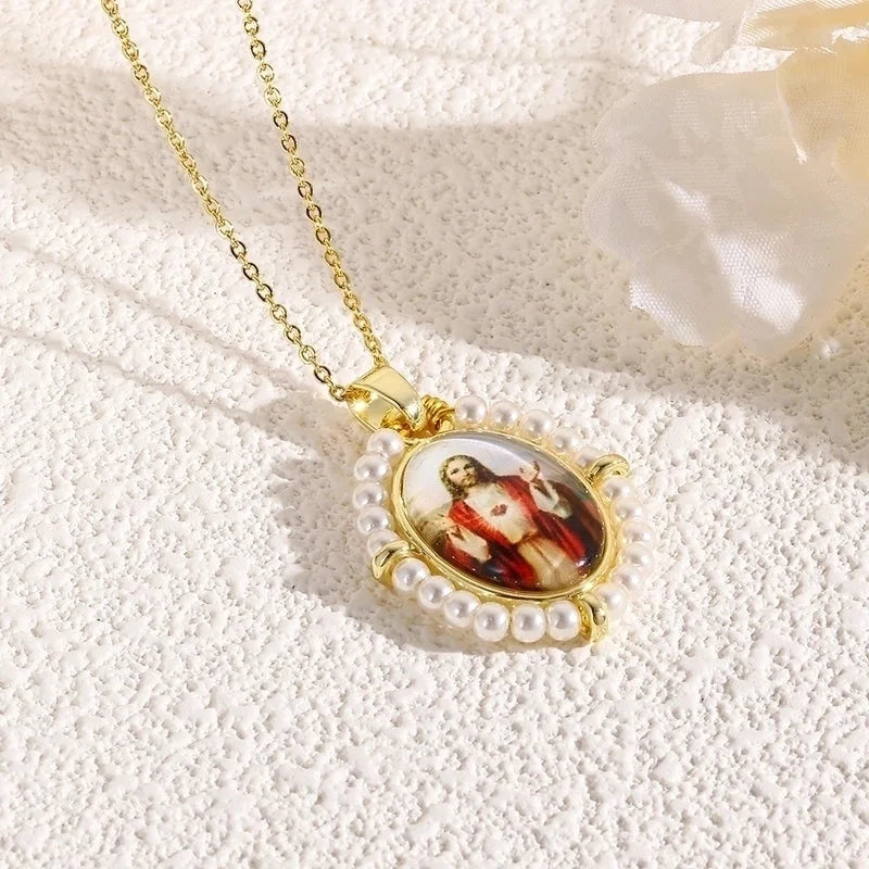Copper 18K Gold Plated Inlay Human Virgin Mary Acrylic Imitation Pearl Pendant Necklace