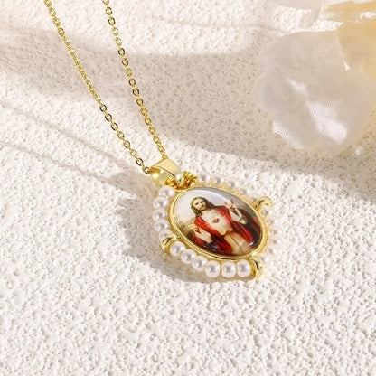 Copper 18K Gold Plated Inlay Human Virgin Mary Acrylic Imitation Pearl Pendant Necklace