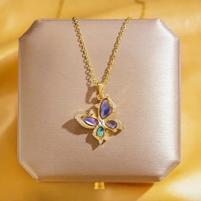 Elegant Shiny Heart Shape Butterfly 304 Stainless Steel Copper Plating Inlay 18K Gold Plated Acrylic Zircon Pendant Necklace