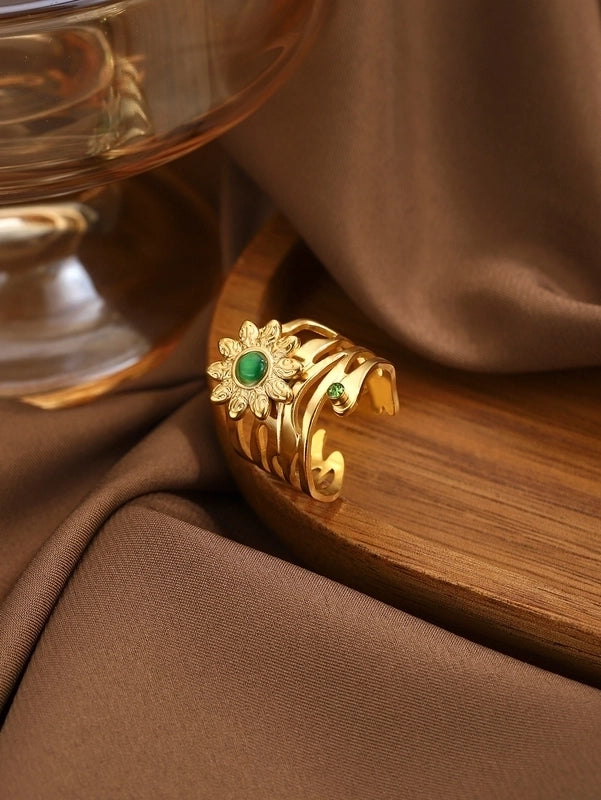 IG Style Elegant Classical Flower Chrysanthemum 304 Stainless Steel Imitation Pearl Opal Open Rings