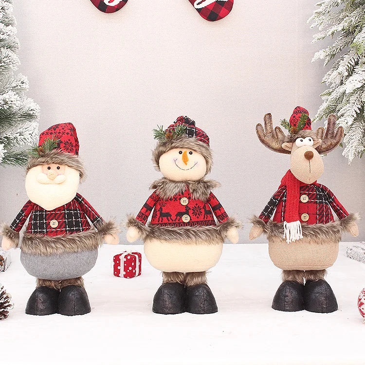 2 Pieces Christmas Stretchable Doll Red Plaid Fabric Doll Gift Elderly Snowman Mall Decoration Ornament Decoration Supplies