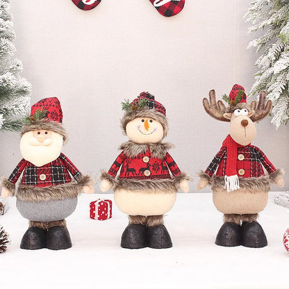 2 Pieces Christmas Stretchable Doll Red Plaid Fabric Doll Gift Elderly Snowman Mall Decoration Ornament Decoration Supplies