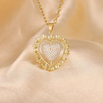 Hip-Hop Minimalist Shiny Heart Shape 304 Stainless Steel Copper Zircon 18K Gold Plated Inlay Pendant Necklace