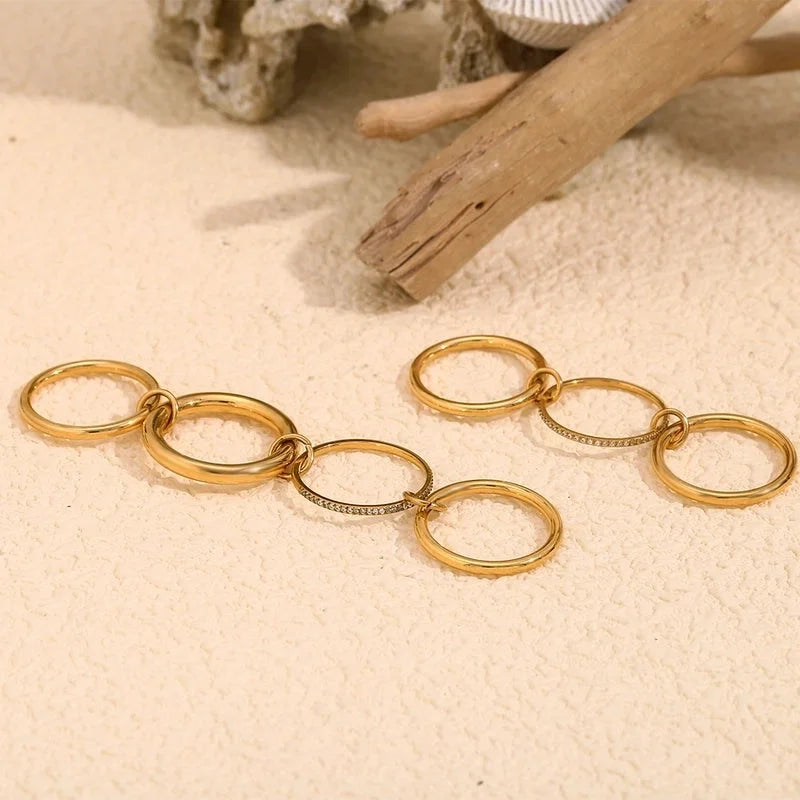 IG Style Circle 304 Stainless Steel Rhinestones 18K Gold Plated Layered Plating Inlay Rings