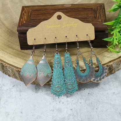 Hot 3-piece Vintage Red Earrings Set Geometric Turquoise Tassel Bohemian Minority Earrings