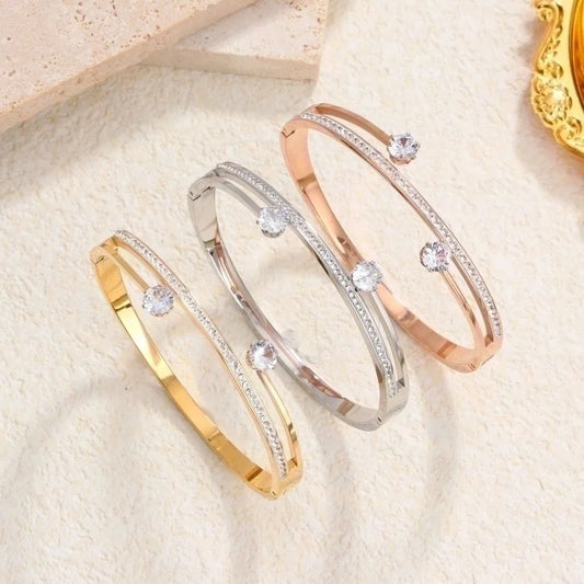 2 Pieces Elegant Minimalist Geometric Titanium Steel 18K Gold Plated Rhinestones Bangle In Bulk