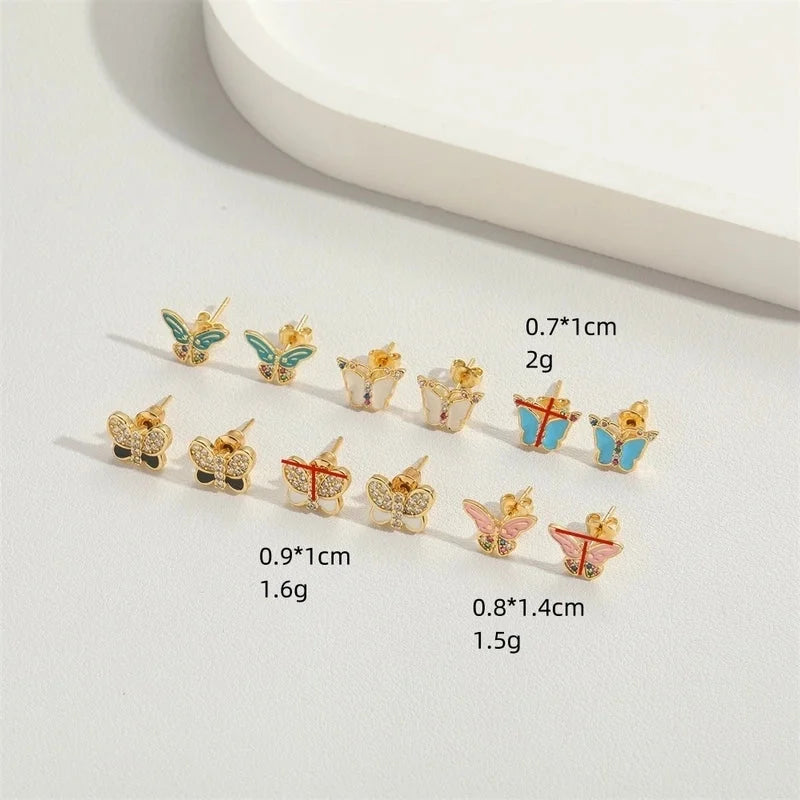 1 Pair Vintage Style Minimalist Commute Butterfly Enamel Inlay Copper Zircon 14K Gold Plated Ear Studs