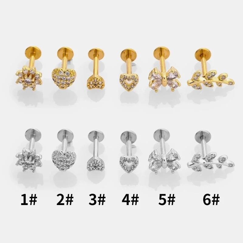 1 Piece Lip Rings Minimalist Commute Leaves Heart Shape Flower 316L Stainless Steel Inlay Zircon 18K Gold Plated Ear Cartilage Rings & Studs