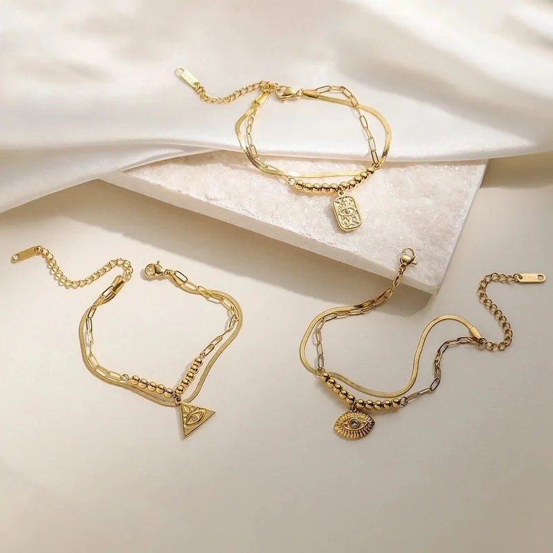 Retro Minimalist Commute Devil's Eye 304 Stainless Steel Zircon Paperclip Chain Snake Chain Bracelets In Bulk Stainless Steel Bracelets