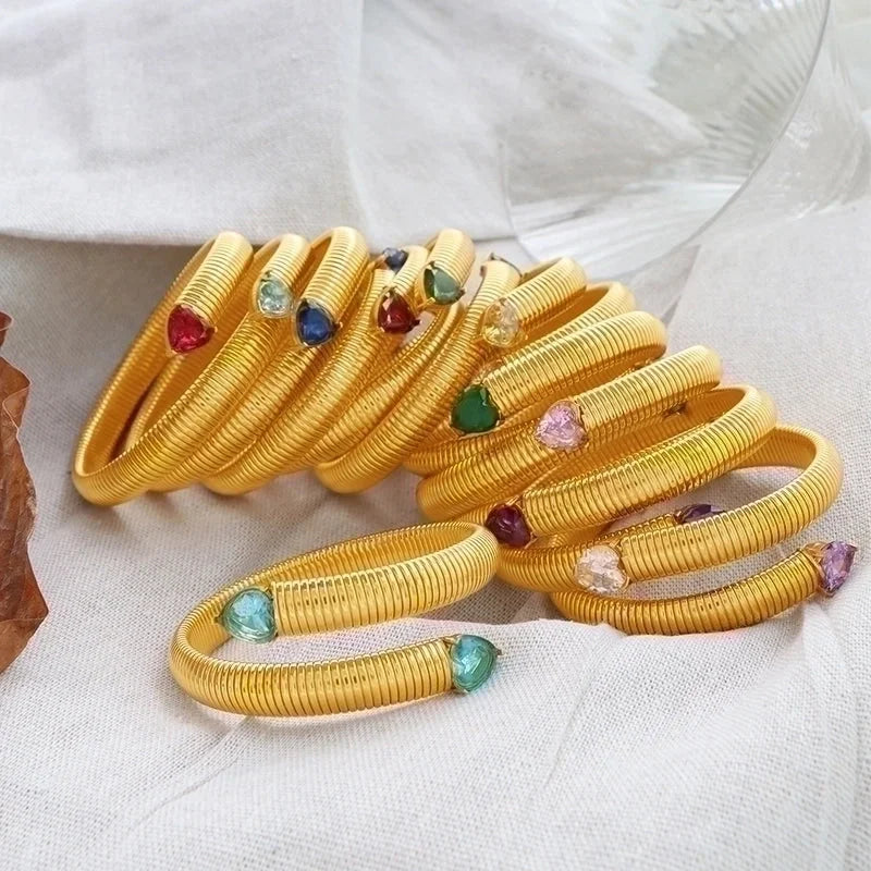Retro Punk Heart Shape Titanium Steel 18K Gold Plated Zircon Bangle In Bulk
