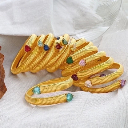Retro Punk Heart Shape Titanium Steel 18K Gold Plated Zircon Bangle In Bulk