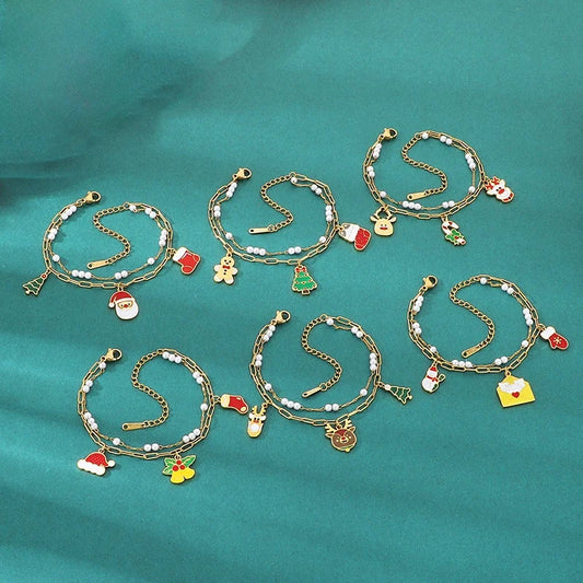 Christmas Series Stainless Steel Santa Claus Elk Gloves Socks Snowman Pendant Bracelet