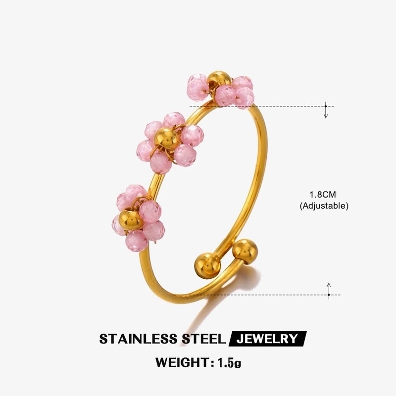 IG Style Sweet Flower 304 Stainless Steel 18K Gold Plated Beaded Knitting Open Rings