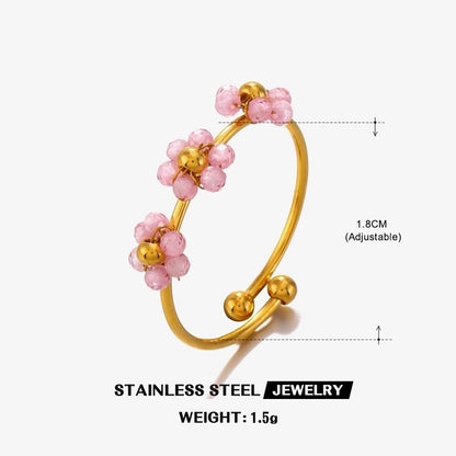 IG Style Sweet Flower 304 Stainless Steel 18K Gold Plated Beaded Knitting Open Rings