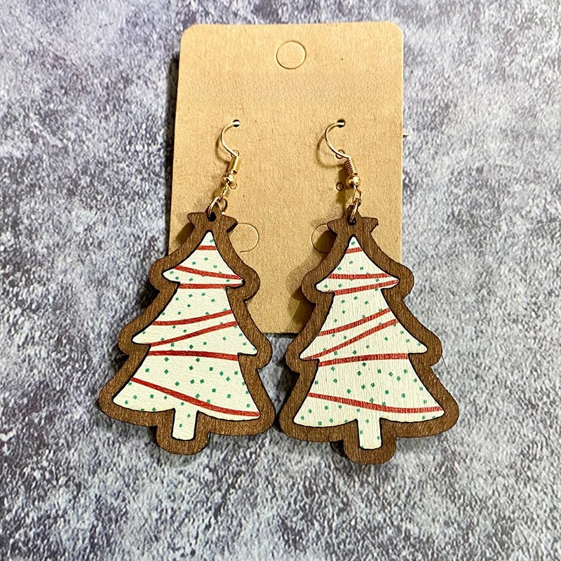 1 Pair Retro Christmas Tree Plaid Wood Drop Earrings