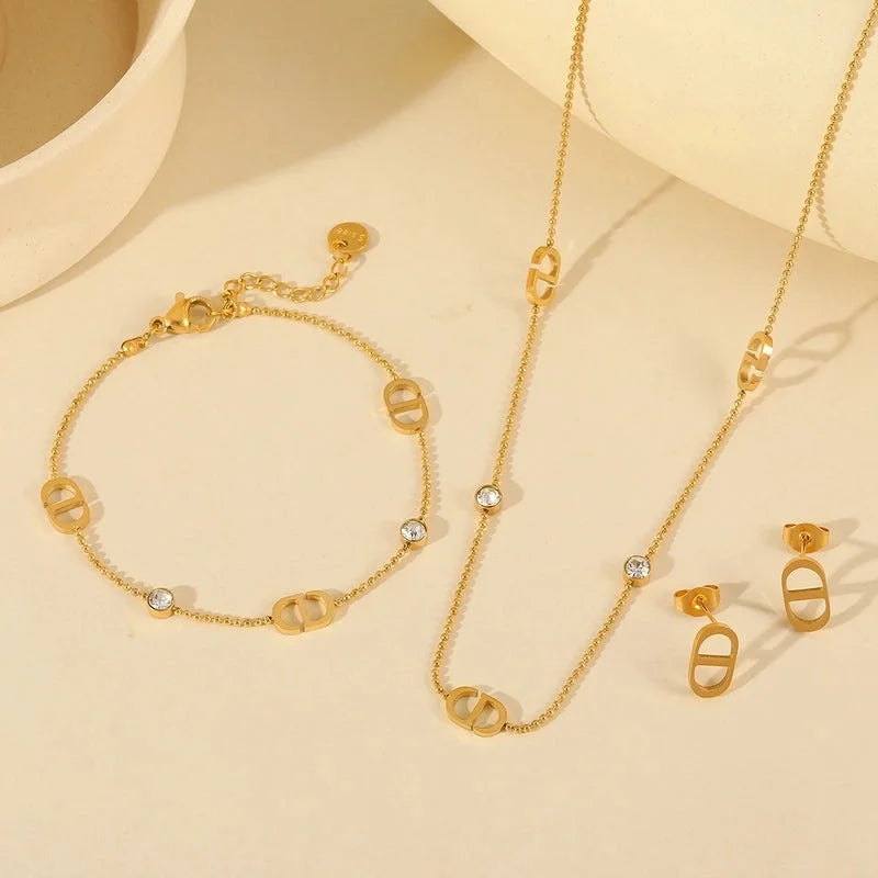Basic Minimalist Geometric 304 Stainless Steel Zircon 18K Gold Plated Inlay Jewelry Set Ball Chain
