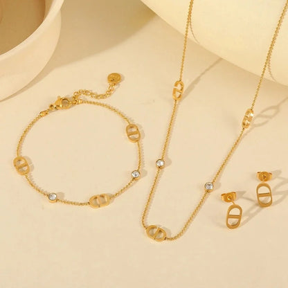 Basic Minimalist Geometric 304 Stainless Steel Zircon 18K Gold Plated Inlay Jewelry Set Ball Chain