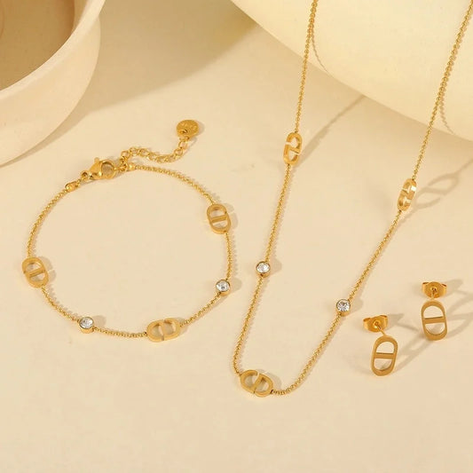 Basic Minimalist Geometric 304 Stainless Steel Zircon 18K Gold Plated Inlay Jewelry Set Ball Chain