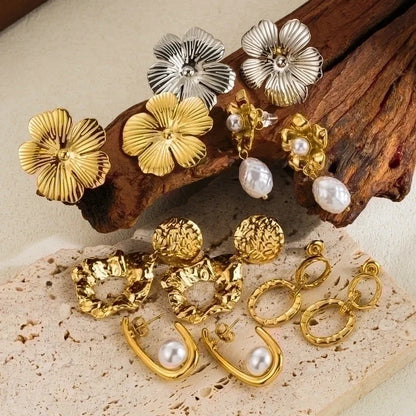 3 Pieces Classic Style Solid Color Flower Plating Inlay Stainless Steel Artificial Pearls 14K Gold Plated Drop Earrings