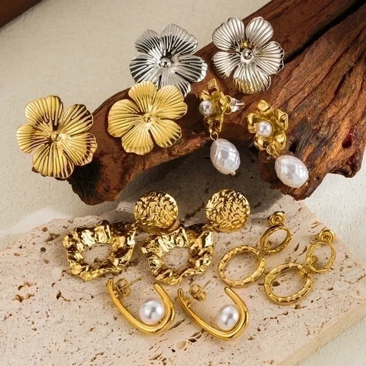 3 Pieces Classic Style Solid Color Flower Plating Inlay Stainless Steel Artificial Pearls 14K Gold Plated Drop Earrings