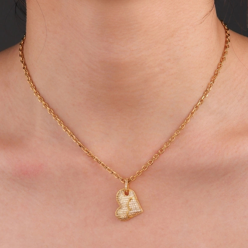 Hip-Hop Minimalist Shiny Heart Shape 304 Stainless Steel Copper Zircon 18K Gold Plated Inlay Pendant Necklace