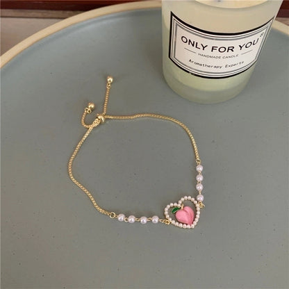 Fashion Heart Shape Alloy Titanium Steel Plating Rhinestones Artificial Pearls Women\'S Bracelets