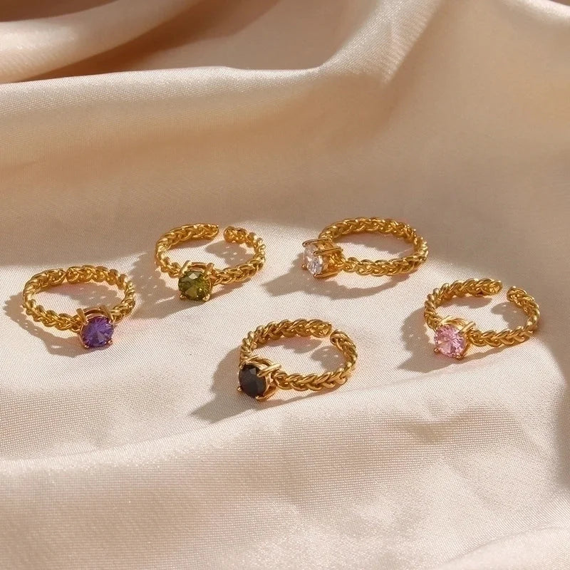 Glam Geometric 304 Stainless Steel Zircon 18K Gold Plated Inlay Open Ring