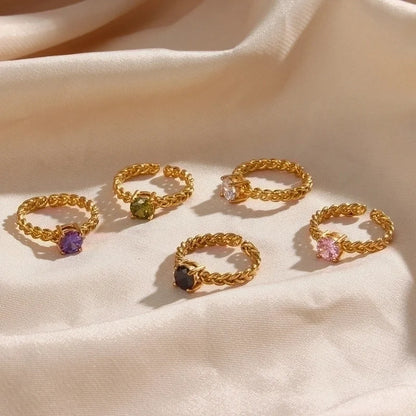 Glam Geometric 304 Stainless Steel Zircon 18K Gold Plated Inlay Open Ring