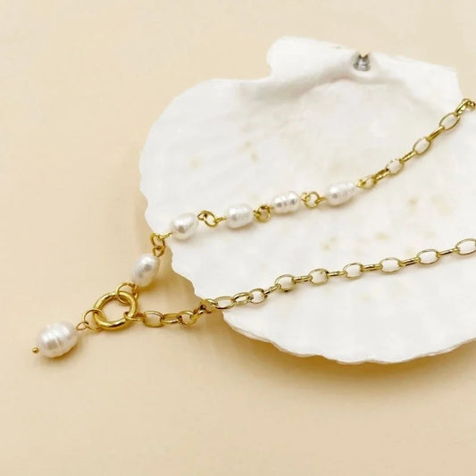 Fashion Circle 304 Stainless Steel Pearl 14K Gold Plated Pearl Plating Stainless Steel Necklaces