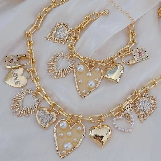 2 Pieces Imitation Pearl Copper 18K Gold Plated Heart Shape Zircon Multi Charms Bracelet Multi Charms Necklace