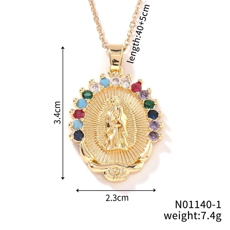 Vintage Style Classic Style Geometric Round Virgin Mary 304 Stainless Steel Copper Zircon K Gold Plated Inlay Pendant Necklace