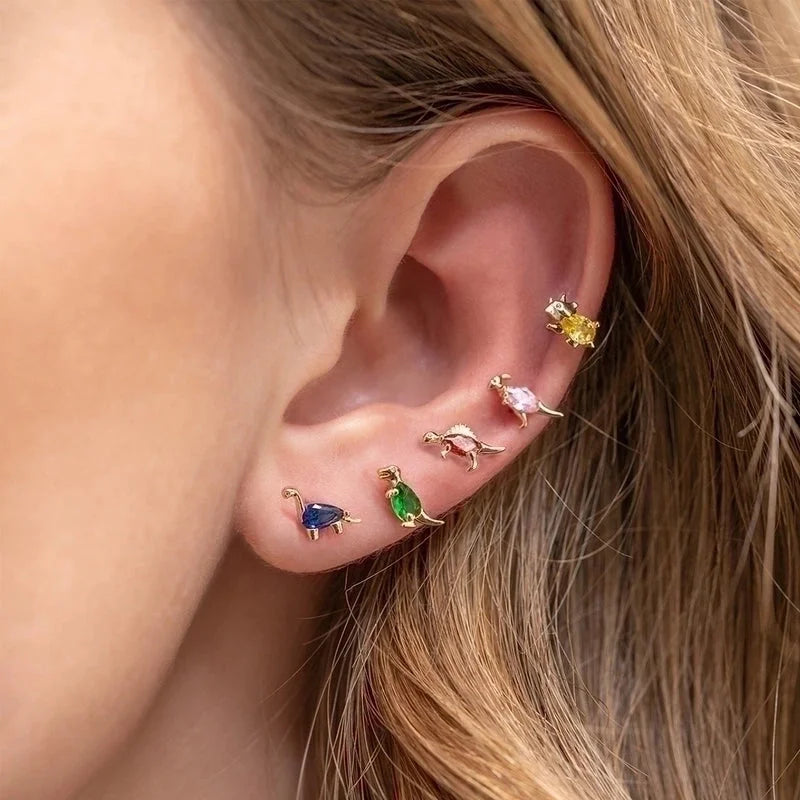 1 Pair Casual Dinosaur Copper Metal Inlay Zircon Ear Studs