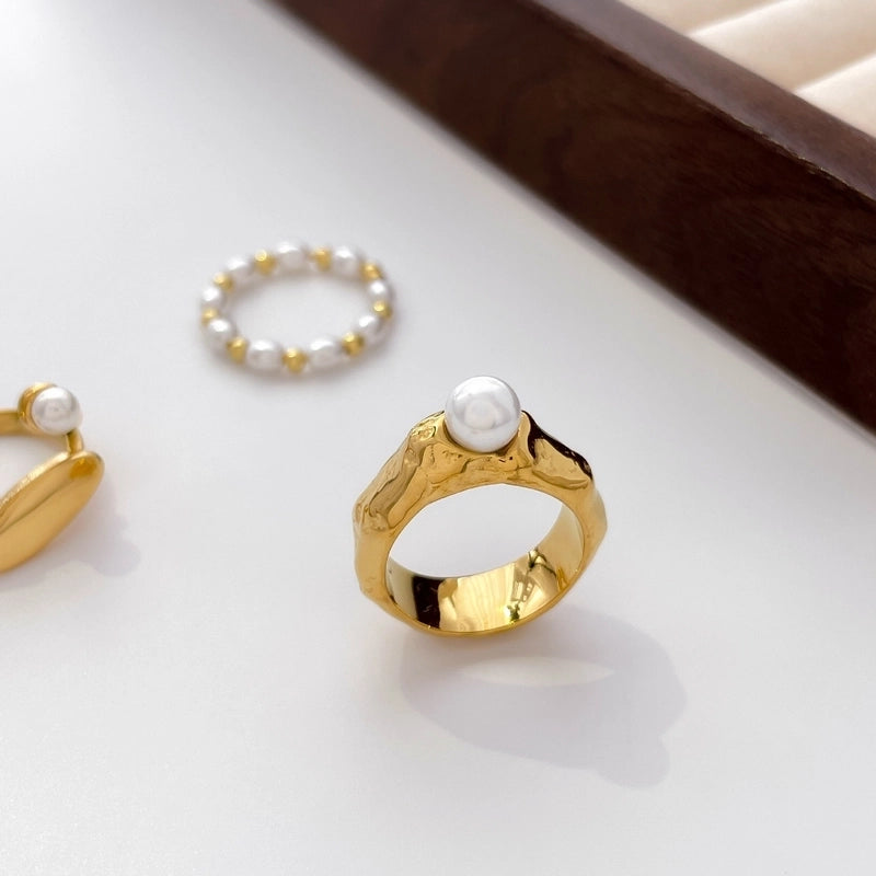 Retro French Style Geometric Titanium Steel Pearl Inlay Rings