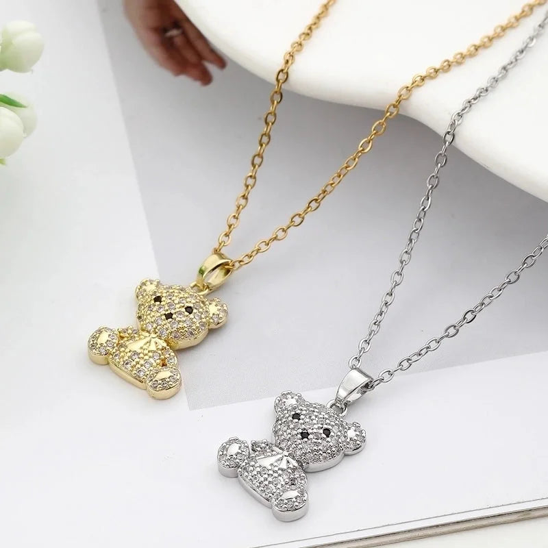 304 Stainless Steel Copper Inlay Little Bear Bear Zircon Pendant Necklace