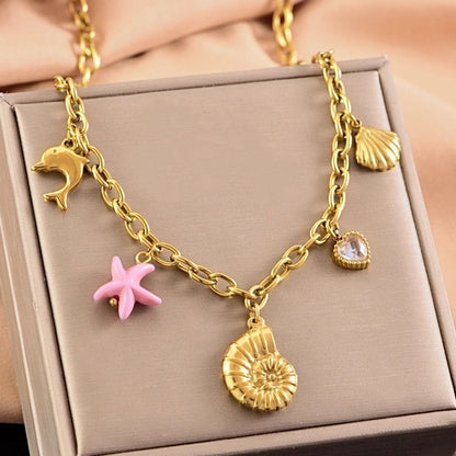 Casual Marine Style Starfish Conch Dolphin Titanium Steel Zircon Pearl Plating Inlay Multi Charms Necklace