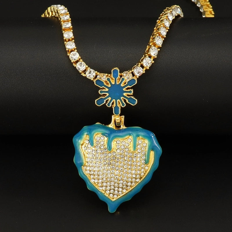 Luminous Oil Dripping Snowflake Love Hip Hop Pendant Peach Heart Personality Single Row Diamond Cuban Link Chain Necklace Men And Women