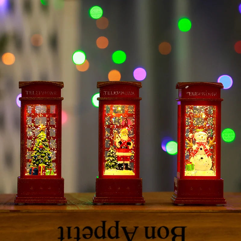 2 Pieces Christmas Light-up Water-filled Christmas Lantern Desktop Ornament Santa Claus Interior Scene Telephone Booth Gift