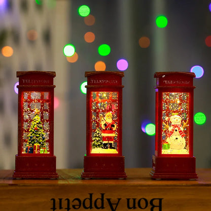 2 Pieces Christmas Light-up Water-filled Christmas Lantern Desktop Ornament Santa Claus Interior Scene Telephone Booth Gift