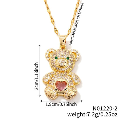 304 Stainless Steel Copper Rhodium Plated Inlay Bear Heart Shape Glass Zircon Pendant Necklace