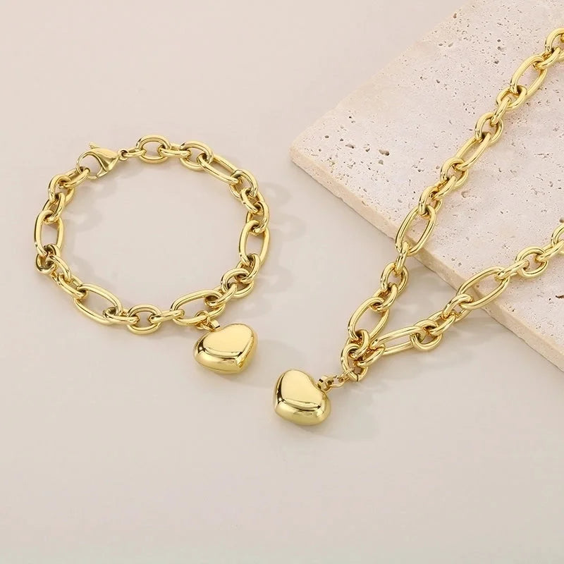 Minimalist Heart Shape 304 Stainless Steel 18K Gold Plated Bracelets Necklace
