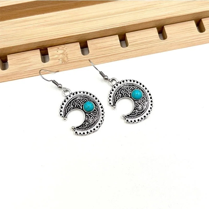 Turquoise Earrings Suit Women\'s Bohemian Retro Personalized Ethnic Style Alloy Earrings