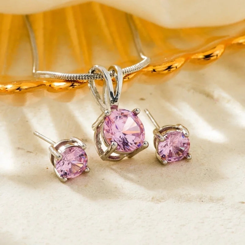 2 Pieces 304 Stainless Steel Copper Rhodium Plated Minimalist Classic Style Plating Inlay Round Zircon Earrings Necklace