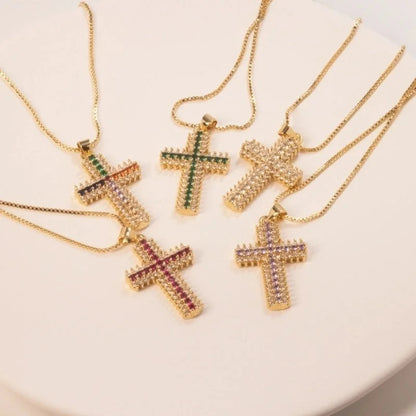 Copper 18K Gold Plated Inlaid Zircon Cross Zircon Pendant Necklace