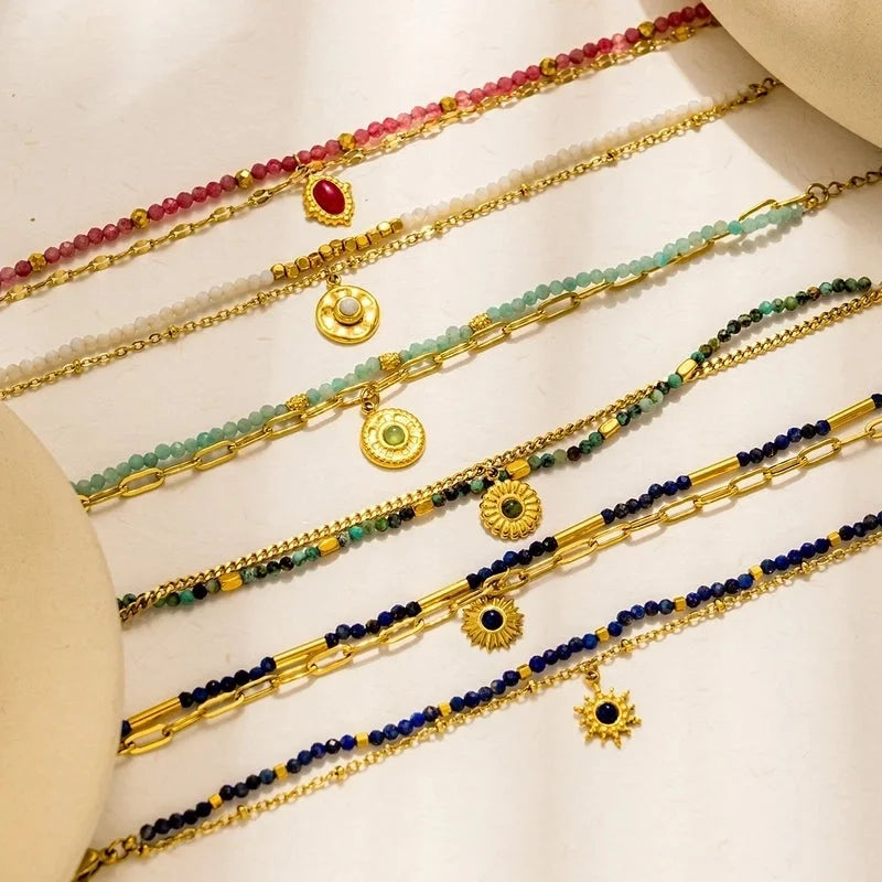 Bohemian Minimalist Commute Geometric 304 Stainless Steel 18K Gold Plated Natural Stone Zircon Bracelets In Bulk