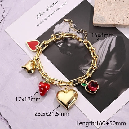 IG Style Cherry Heart Shape Strawberry Copper Zircon 18K Gold Plated Polishing Enamel Plating Bracelets Necklace Jewelry Set