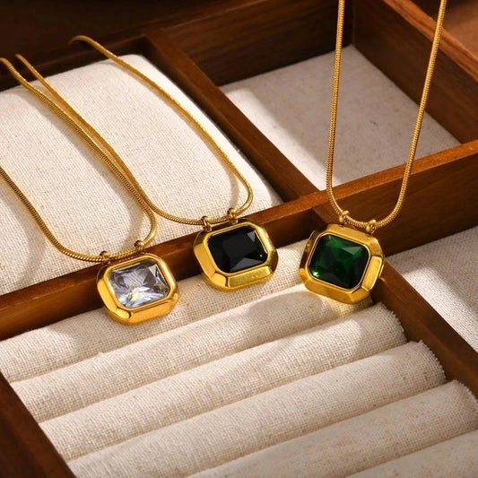 Retro Square 201 Stainless Steel Glass 18K Gold Plated Inlay Pendant Necklace